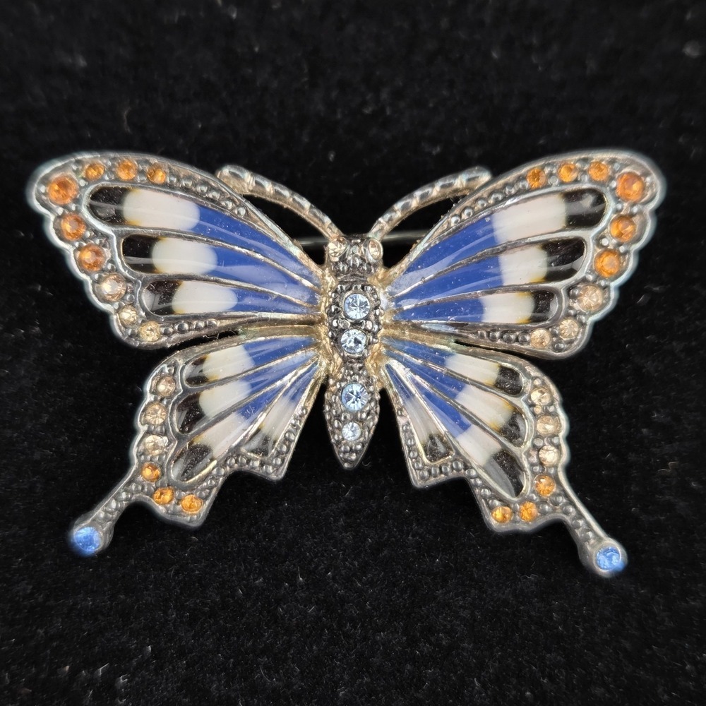 Monet Butterfly Brooch Blue Enamel Orange Rhinestones Silver Tone Metal